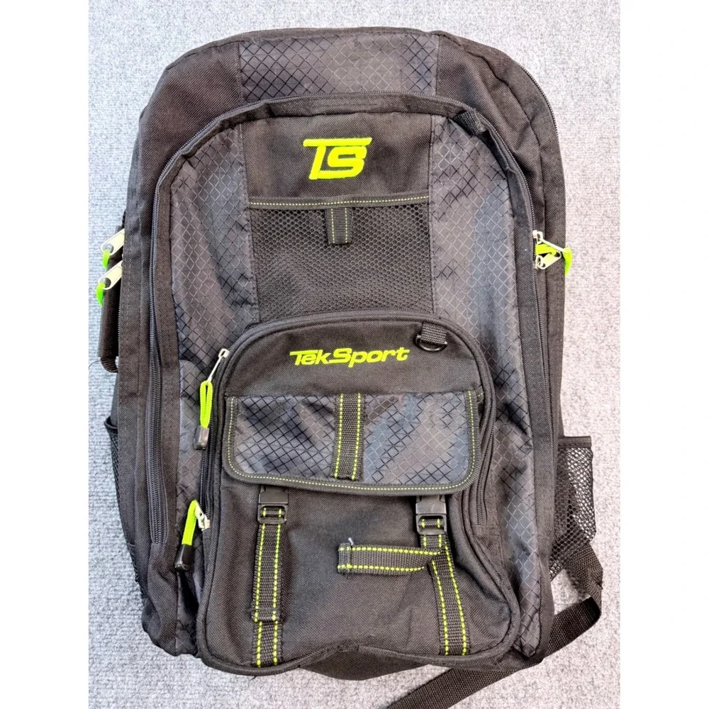 TekSport Backpack Black Neon Green Multi-Pocket Travel School Bag Utility Hiking